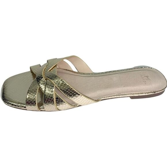 H Halston Gold Embossed Slide Sandals Sz 8 NWOB - Picture 2 of 8